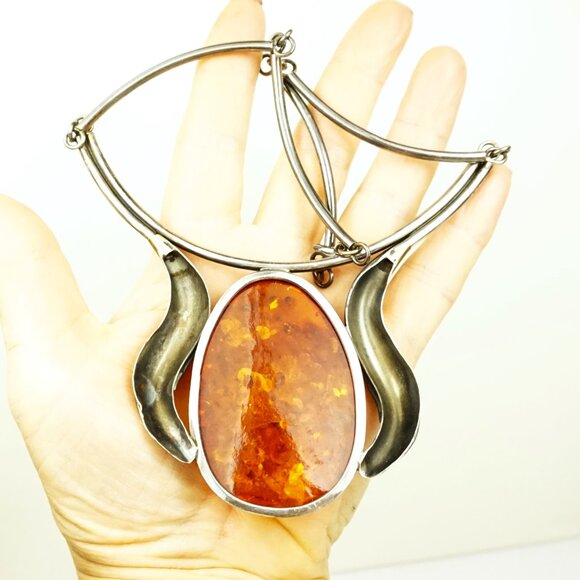 Giant Amber Link Necklace Set In 925 Silver - One-Of-A-Kind Artisan Jewelry - Picture 6 of 14